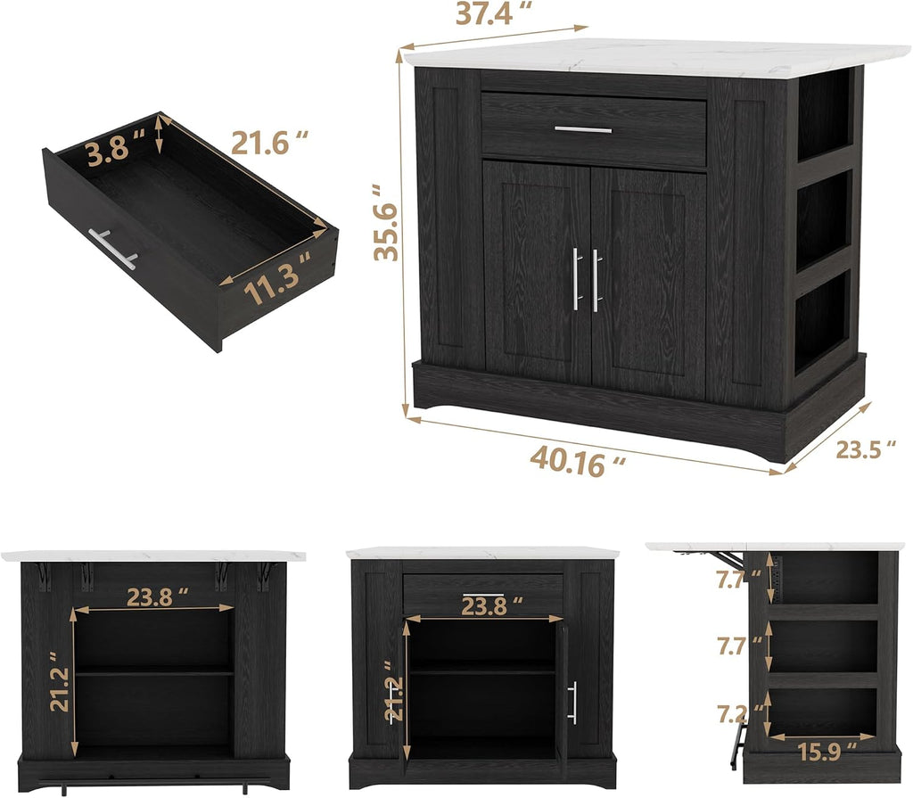 Black Kitchen Island with Folding Marble Top & Power Outlet