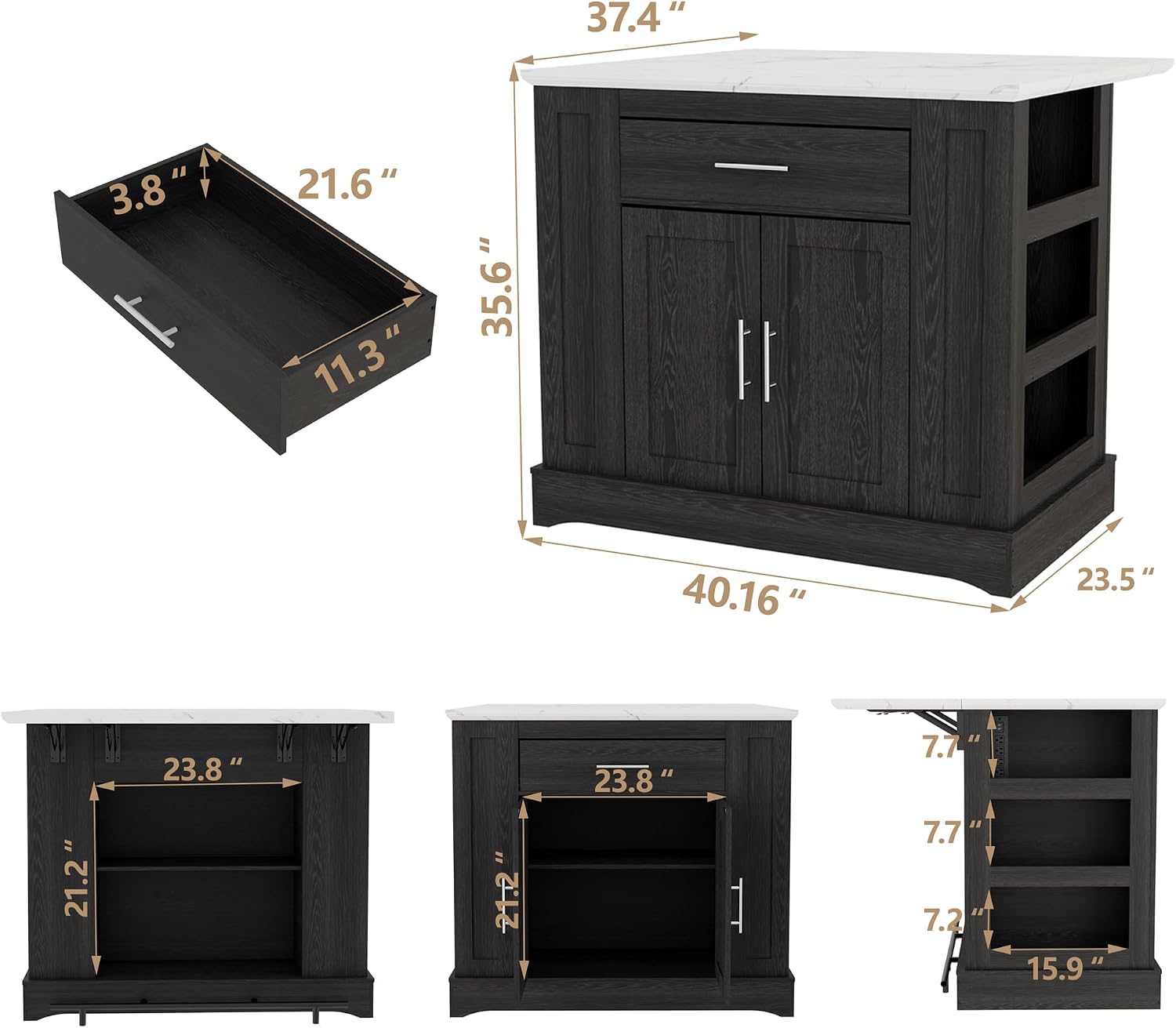 Black Kitchen Island with Folding Marble Top & Power Outlet
