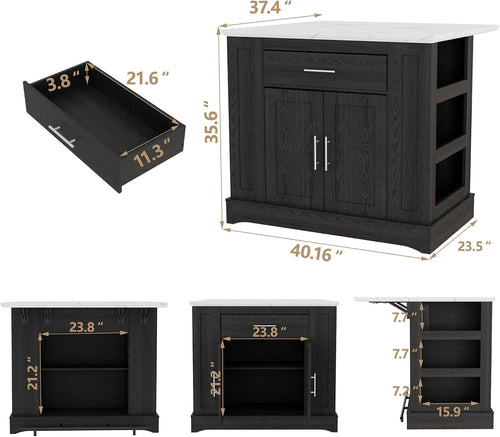 Black Kitchen Island with Folding Marble Top & Power Outlet