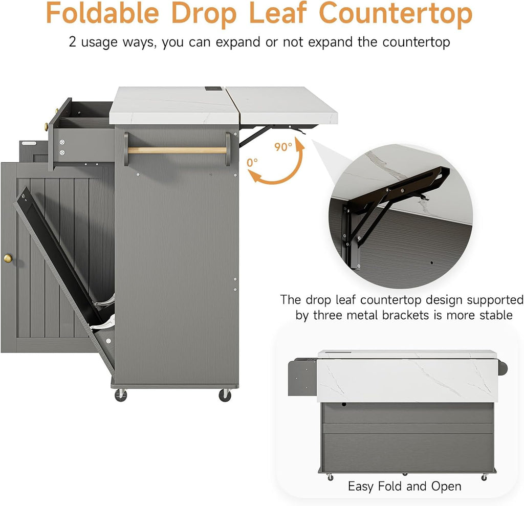 Grey Marble Rolling Kitchen Island with Power Outlet & Drop Leaf