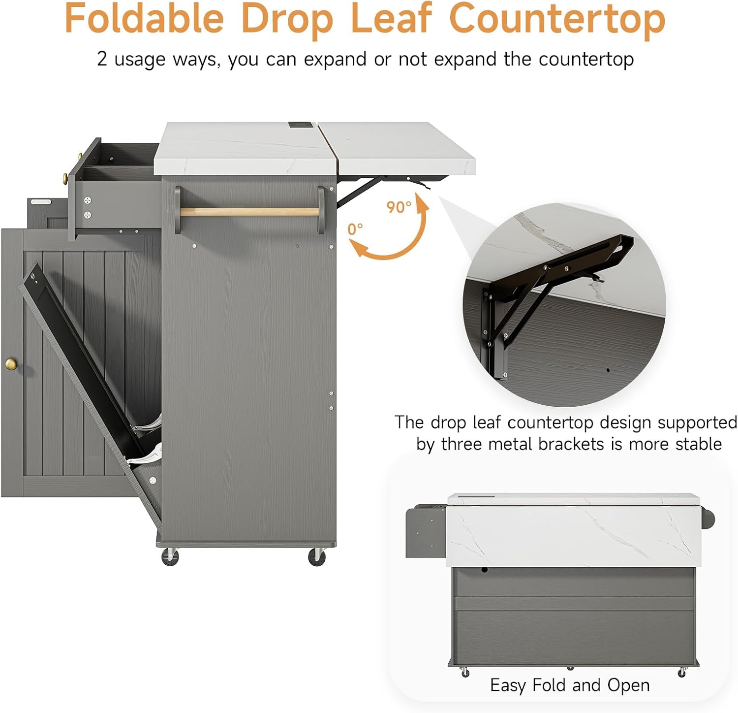 Grey Marble Rolling Kitchen Island with Power Outlet & Drop Leaf
