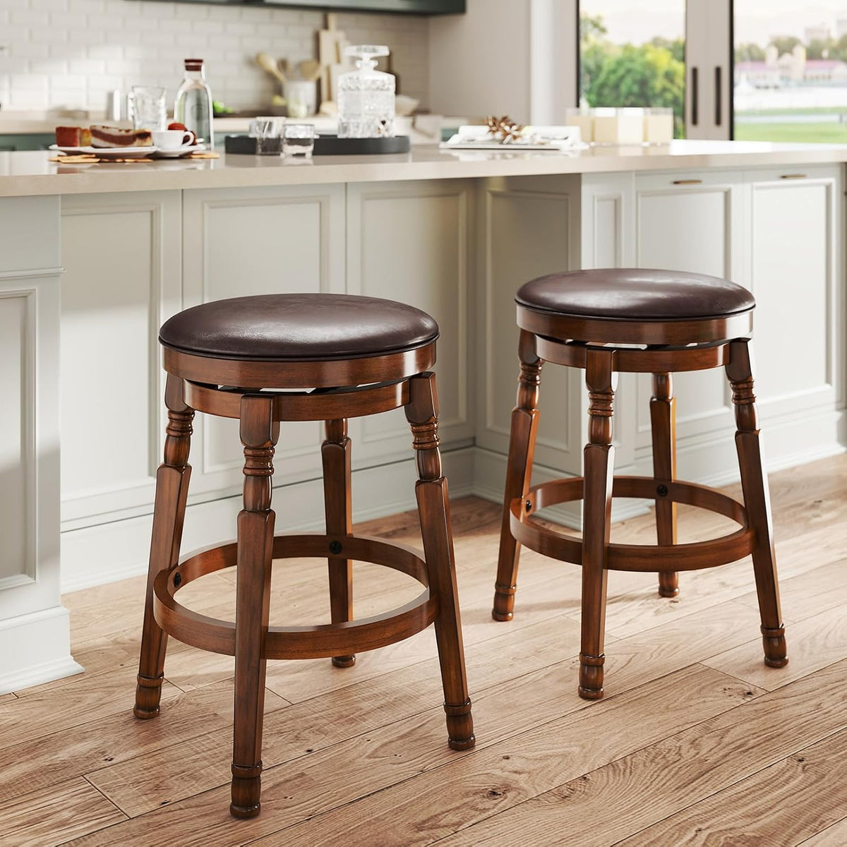 Farmhouse Wooden Swivel Counter Stools Set of 2