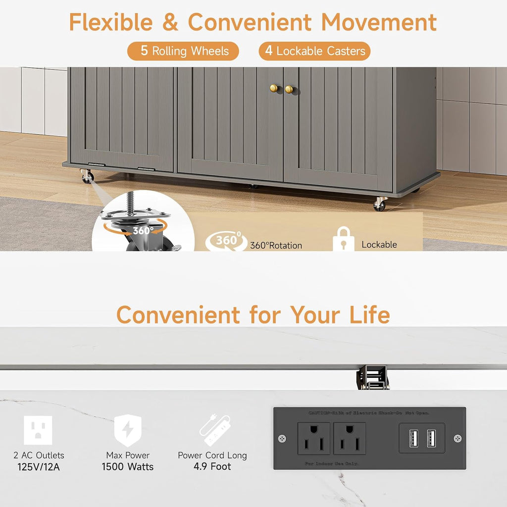 Grey Marble Rolling Kitchen Island with Power Outlet & Drop Leaf