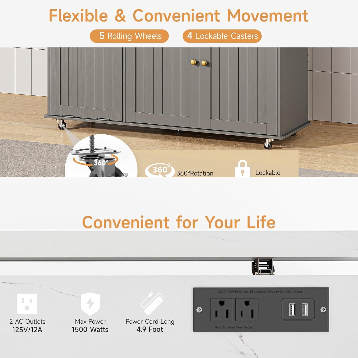 Grey Marble Rolling Kitchen Island with Power Outlet & Drop Leaf