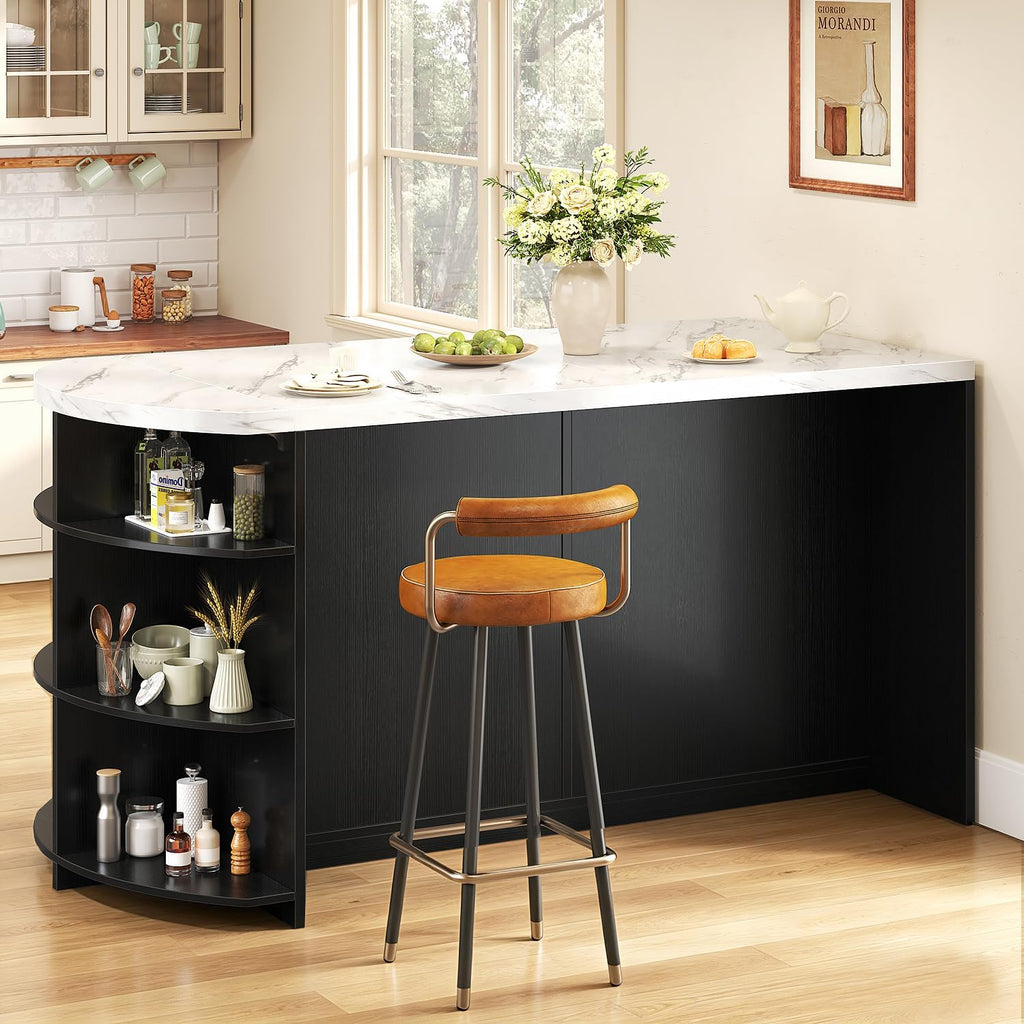 White Faux Marble Kitchen Island with Storage & Seating 63 Inch
