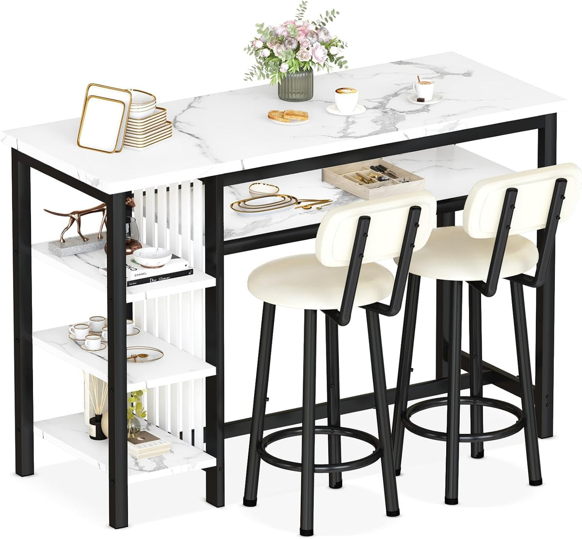 White Faux Marble Bar Table Set with 2 Stools Black Frame