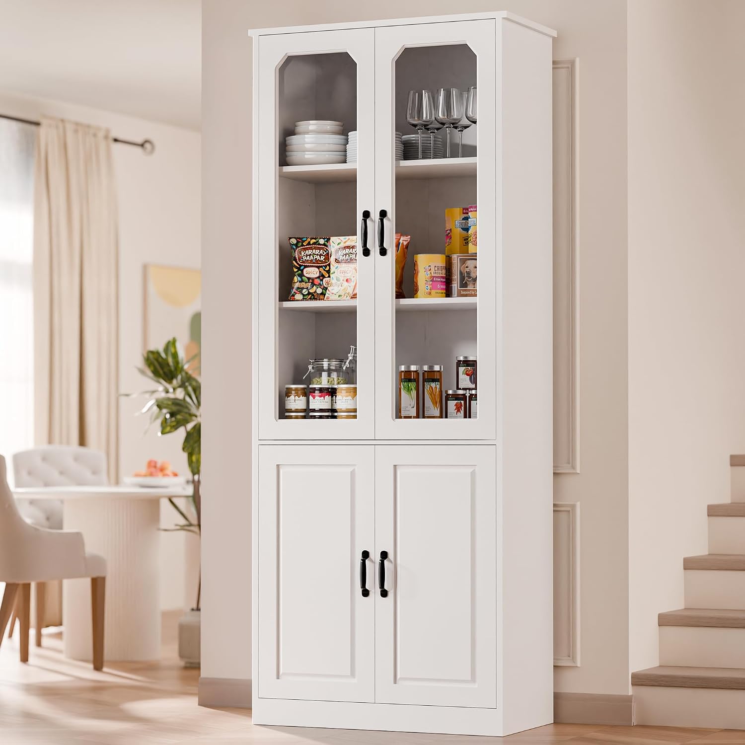 White Tall Glass Door Kitchen Pantry Cabinet