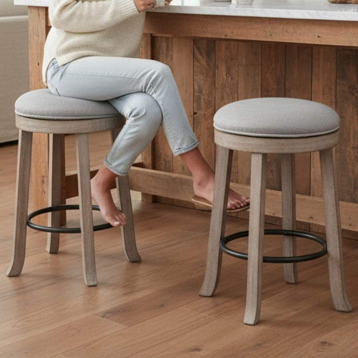 Grey Linen Swivel Counter Stools Set of 2
