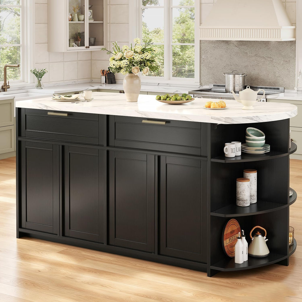White Faux Marble Kitchen Island with Storage & Seating 63 Inch