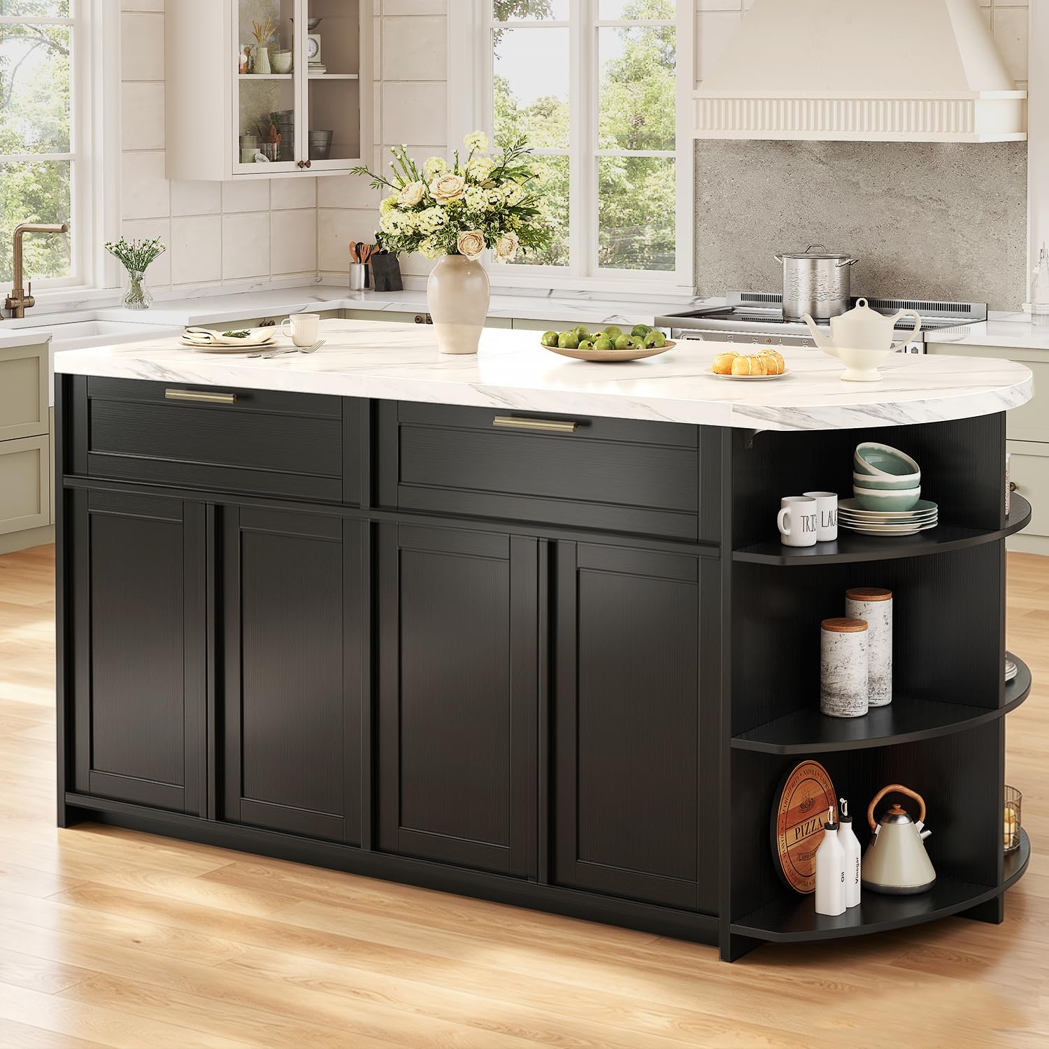 White Faux Marble Kitchen Island with Storage & Seating 63 Inch