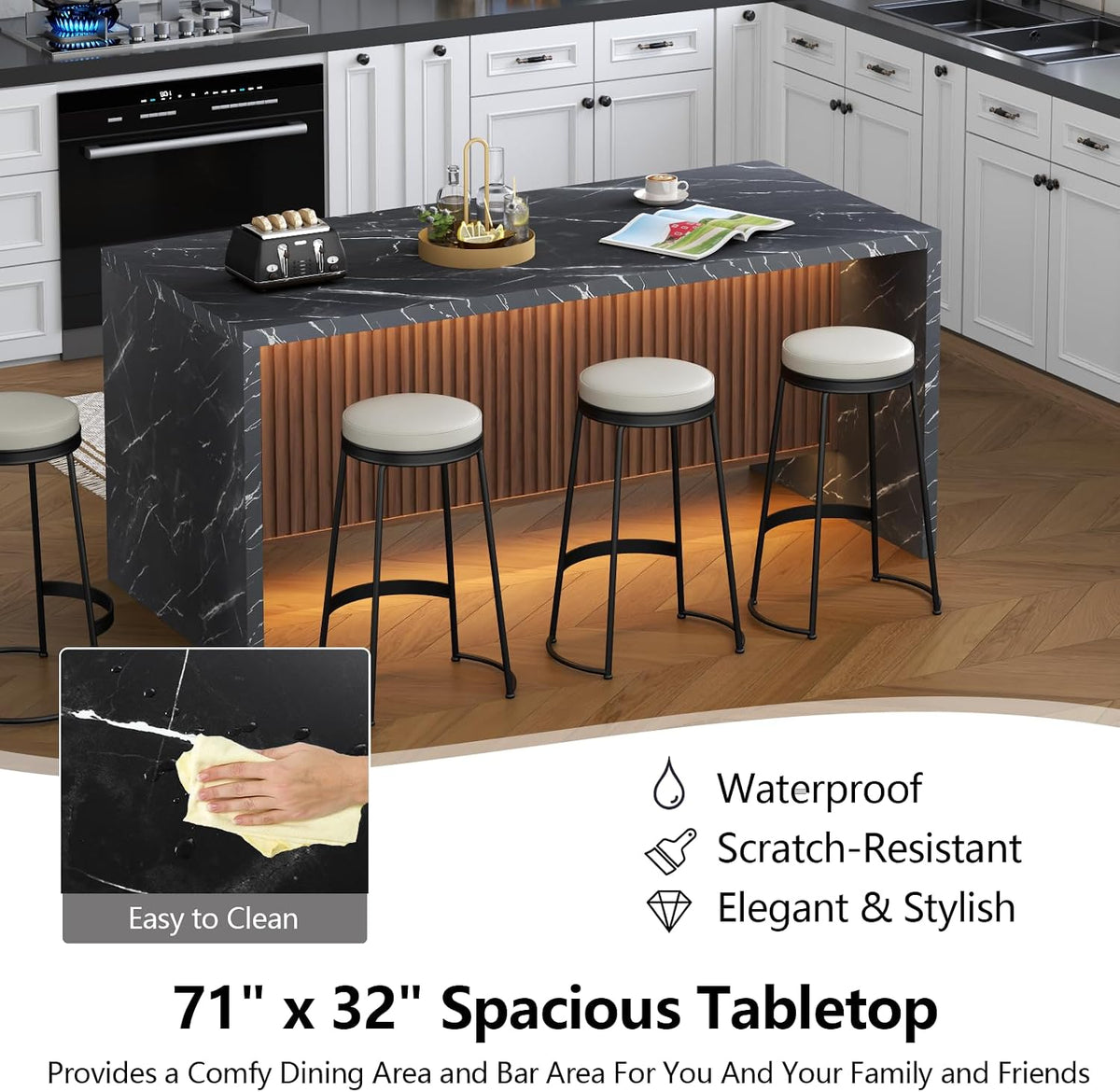 Black LED Marble Pattern Dining Table 71 Inch