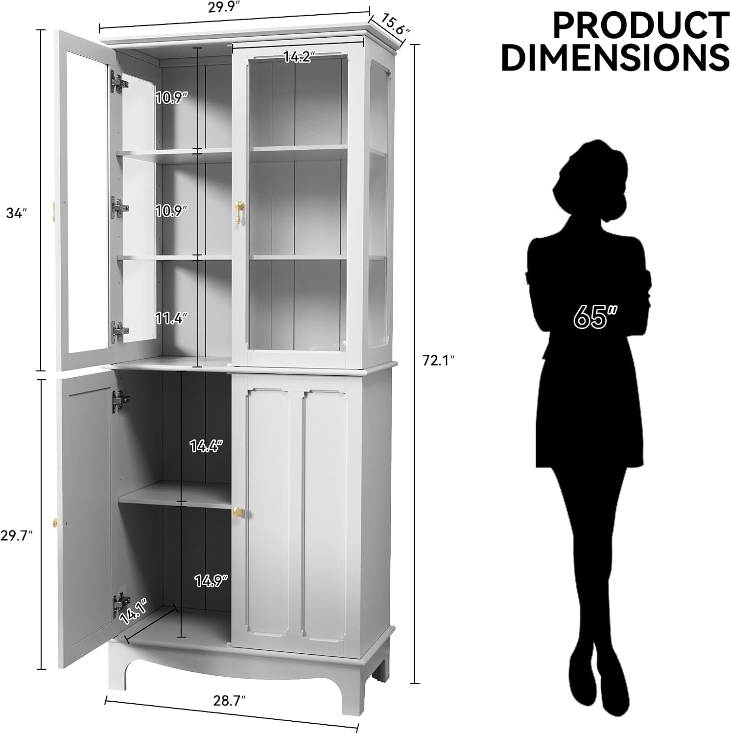 White Tall Glass Door China Cabinet 72"