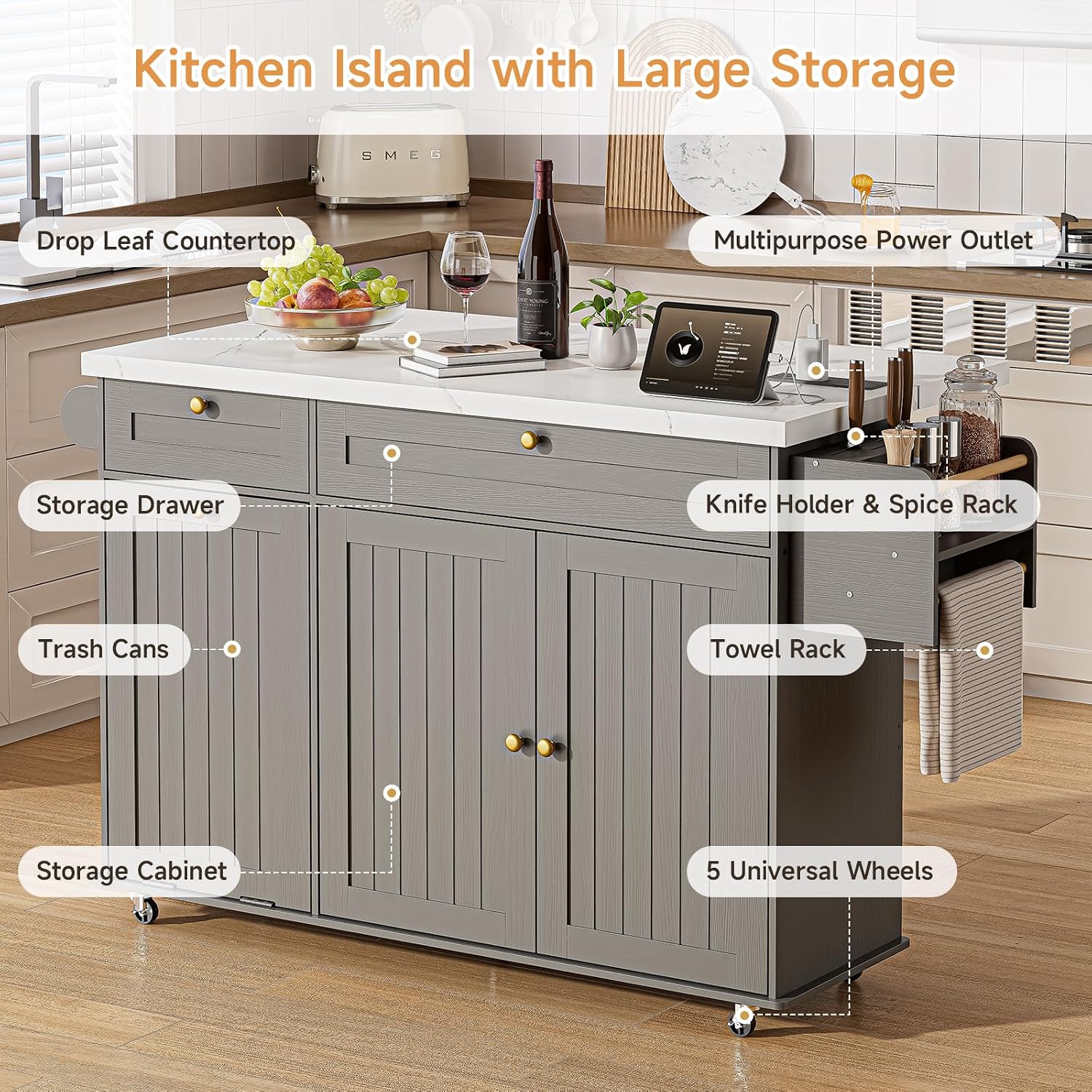 Grey Marble Rolling Kitchen Island with Power Outlet & Drop Leaf