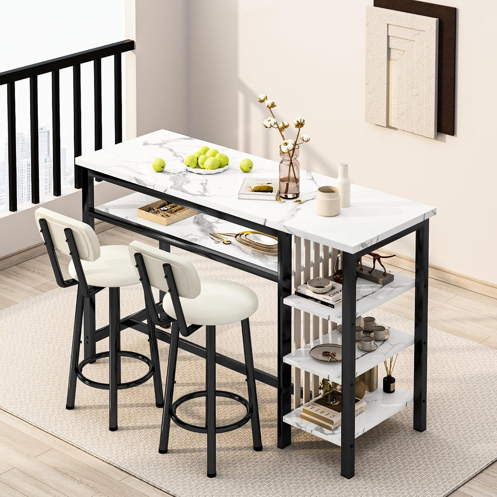 White Faux Marble Bar Table Set with 2 Stools Black Frame