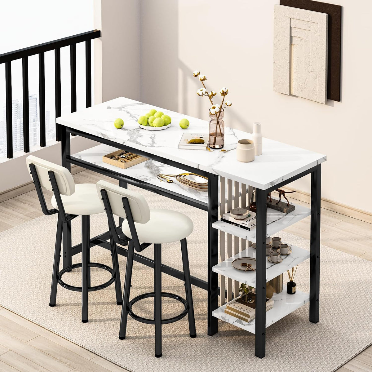 White Faux Marble Bar Table Set with 2 Stools Black Frame