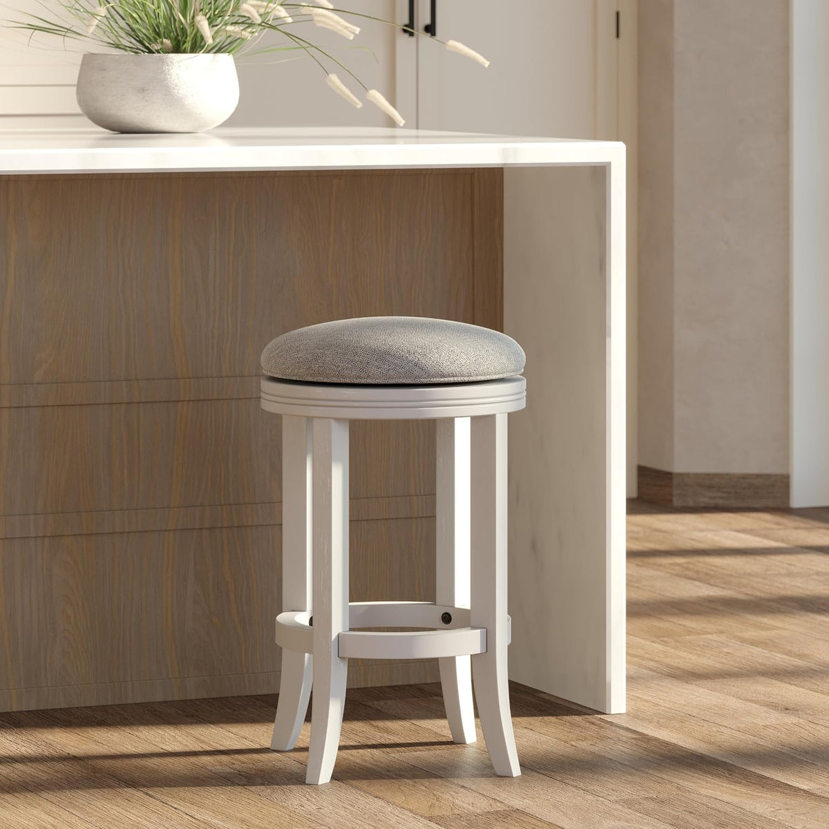 White Wood Gray Cushion Swivel Counter Stools Set of 2