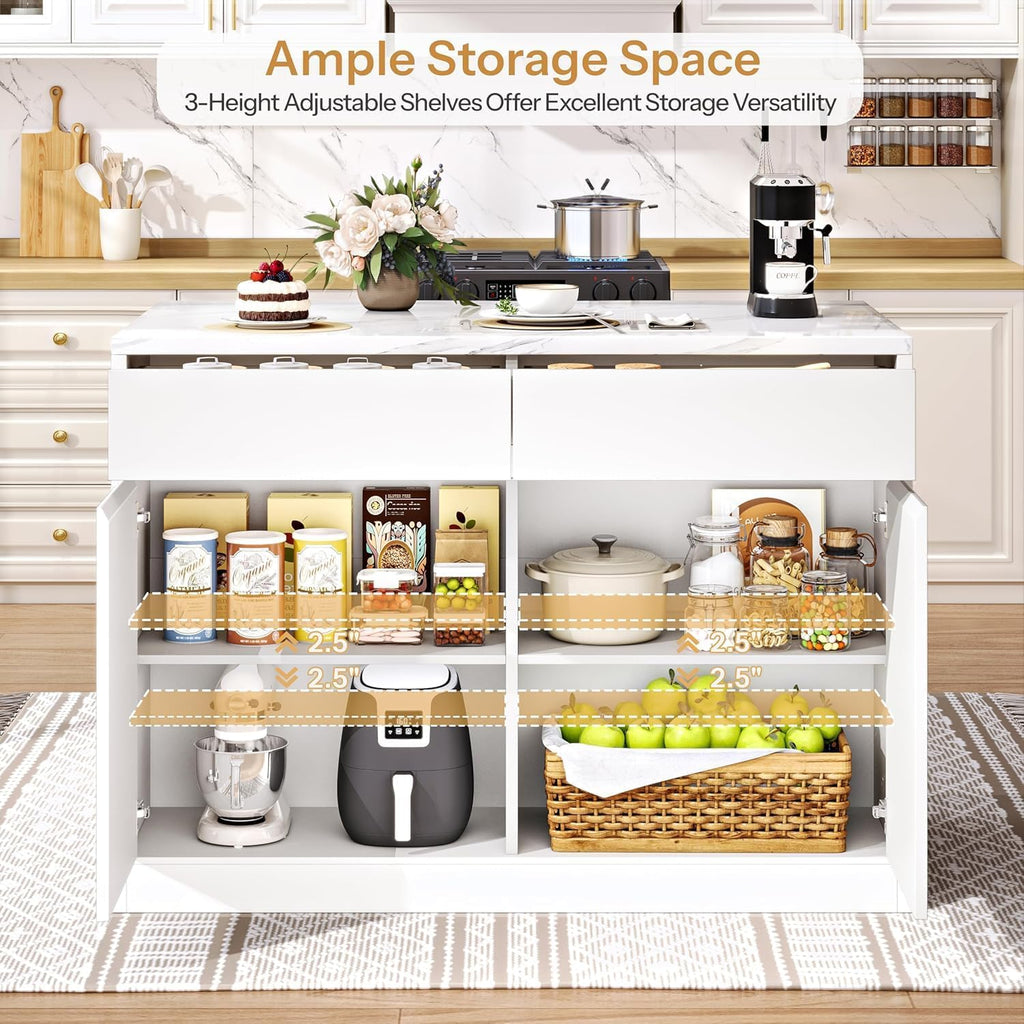 White Faux Marble Storage Kitchen Island 47.2 Inch