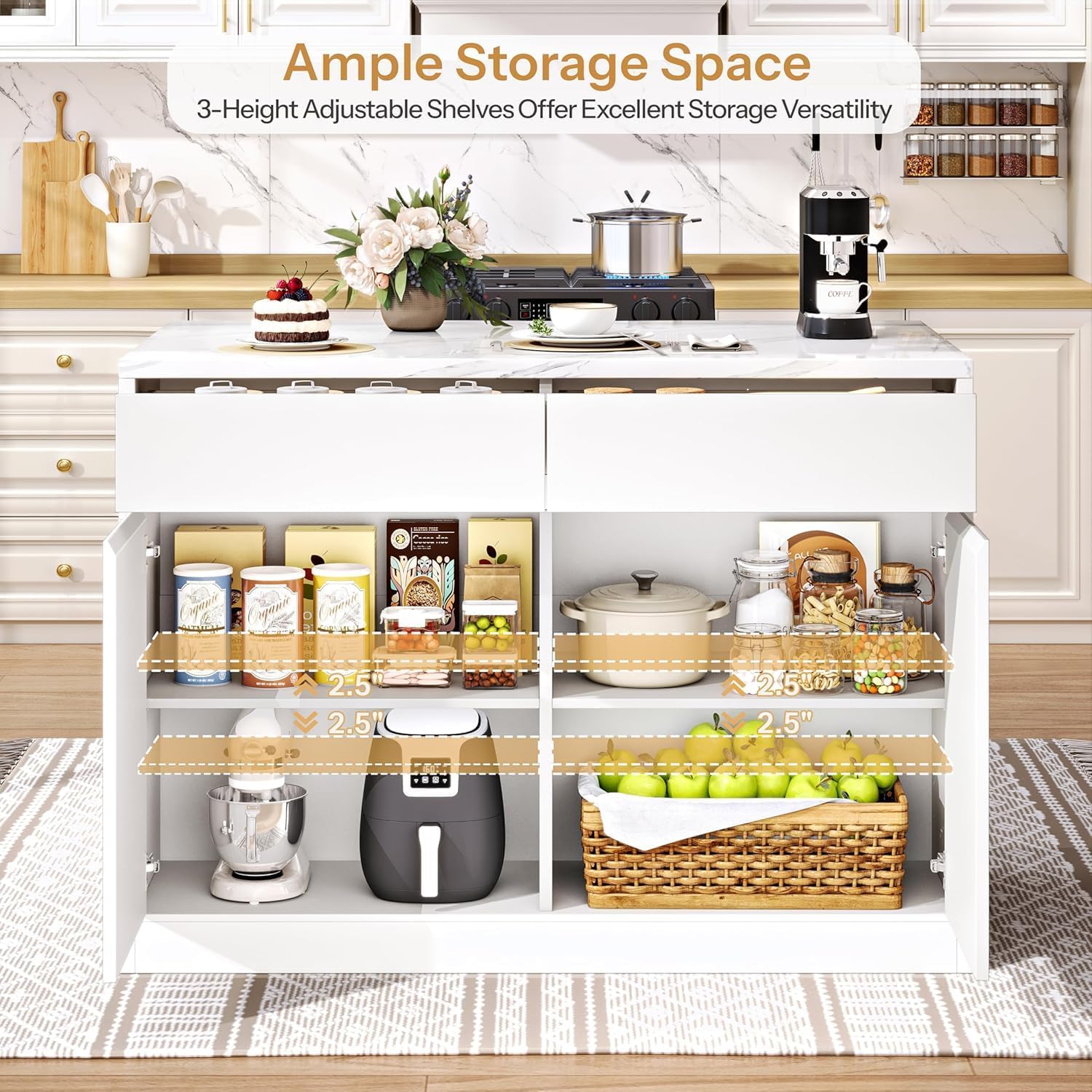 White Faux Marble Storage Kitchen Island 47.2 Inch