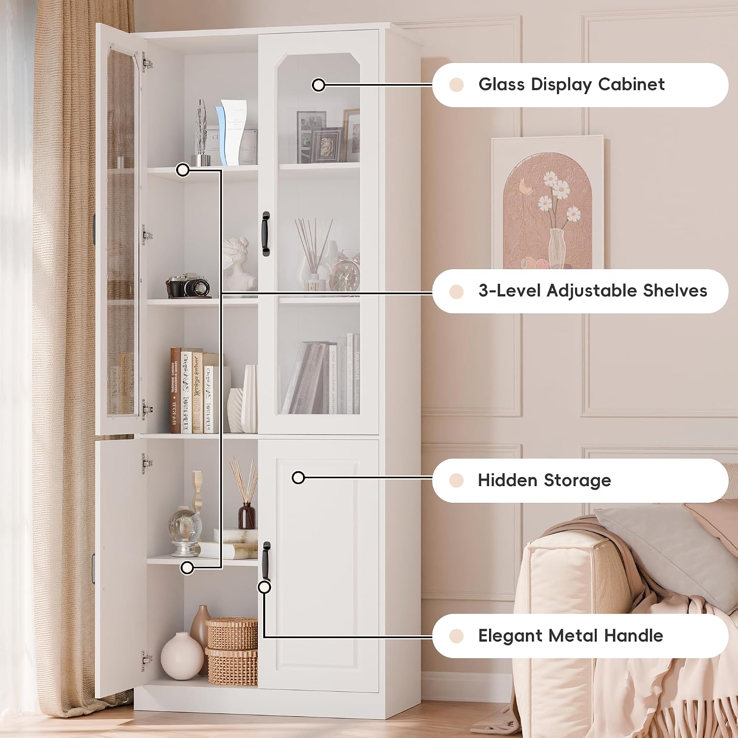 White Tall Glass Door Kitchen Pantry Cabinet
