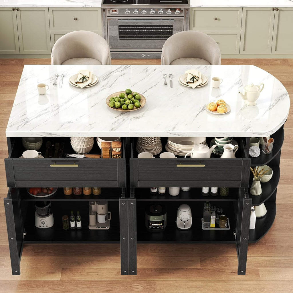 White Faux Marble Kitchen Island with Storage & Seating 63 Inch