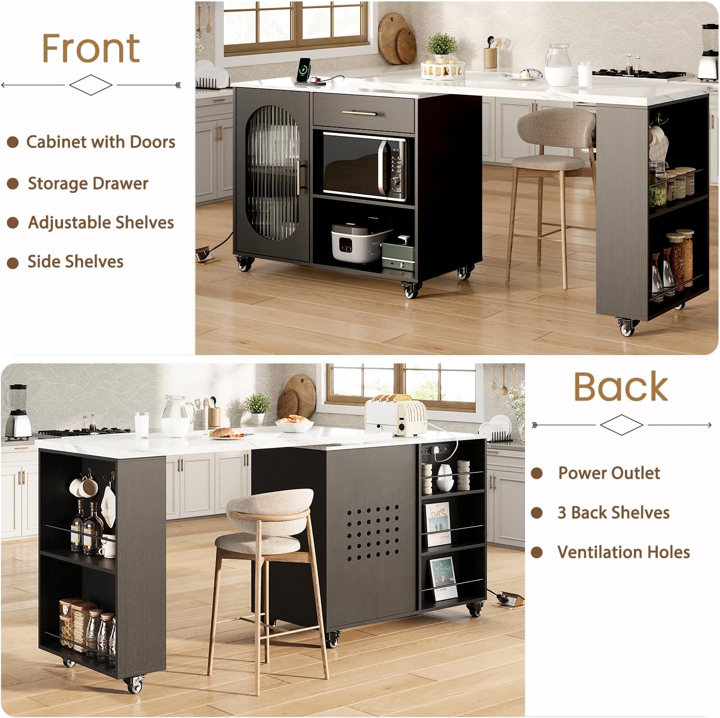 Marble Rolling Kitchen Island with Swivel Table