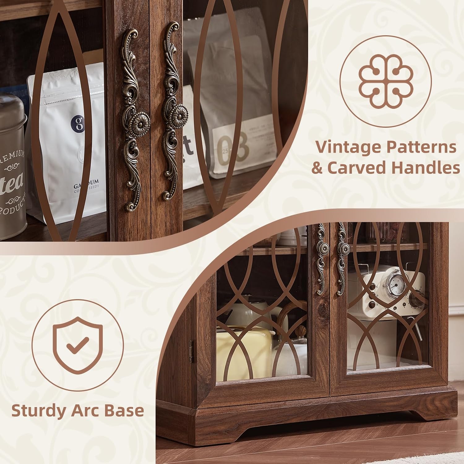 Brown Vintage Glass Door Pantry Cabinet 67"