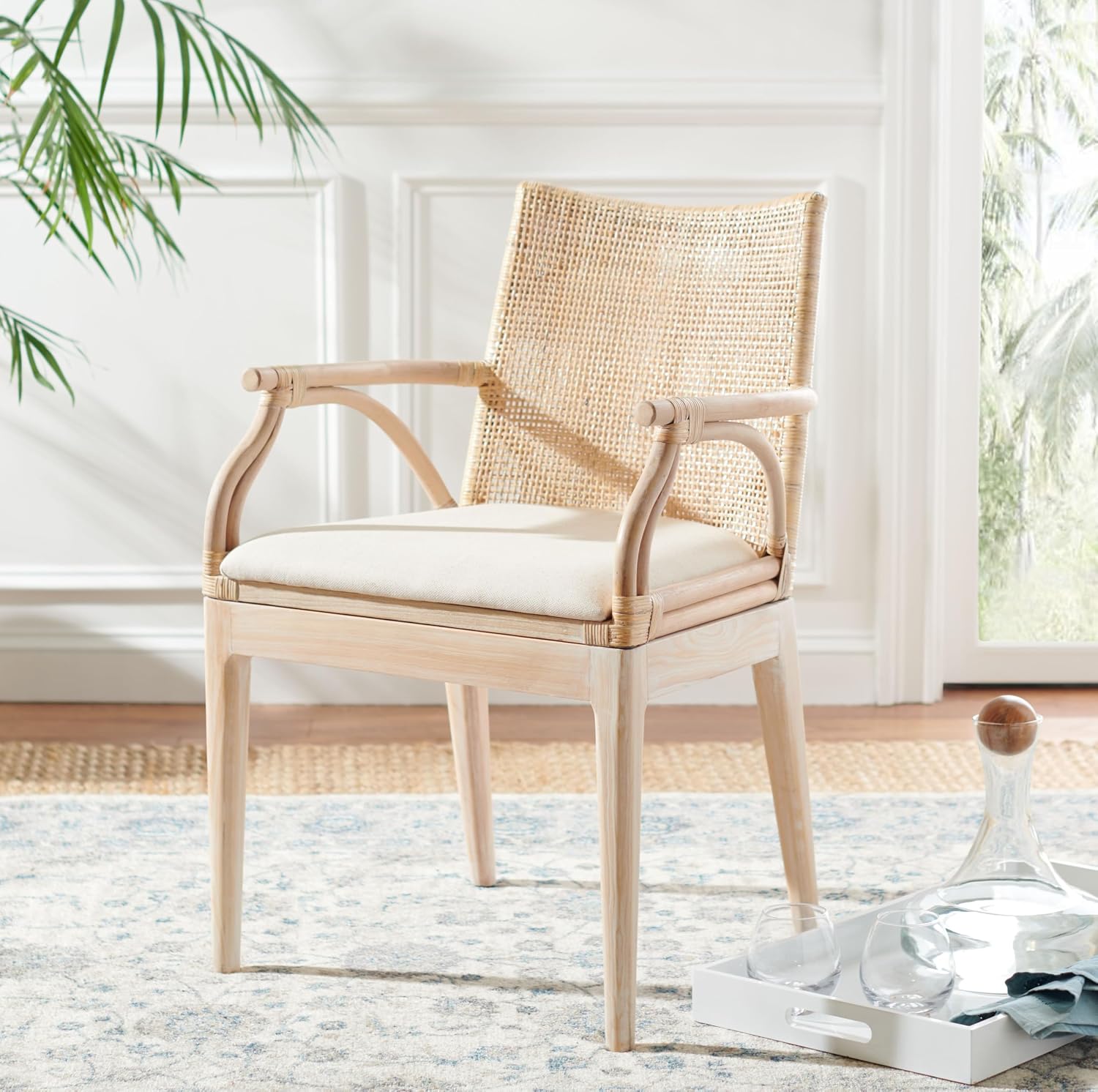 Natural White Wash Rattan Accent Arm Chair