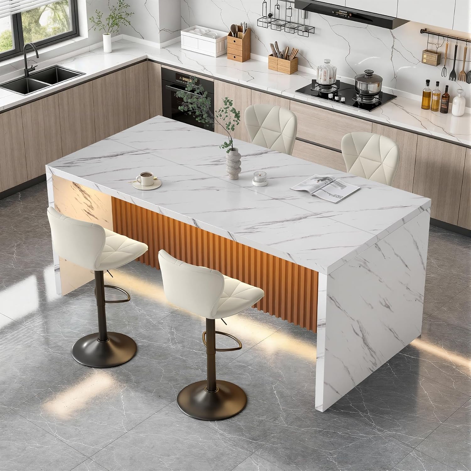 Fluted Base Marble Kitchen Island Table 67"