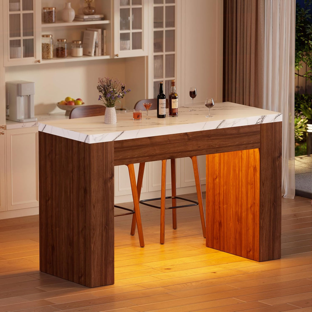 Wood Base RGB LED Faux Marble Bar Table 55 Inch