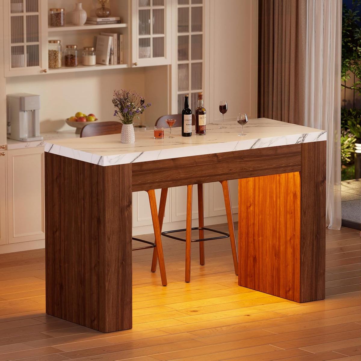 Wood Base RGB LED Faux Marble Bar Table 55 Inch
