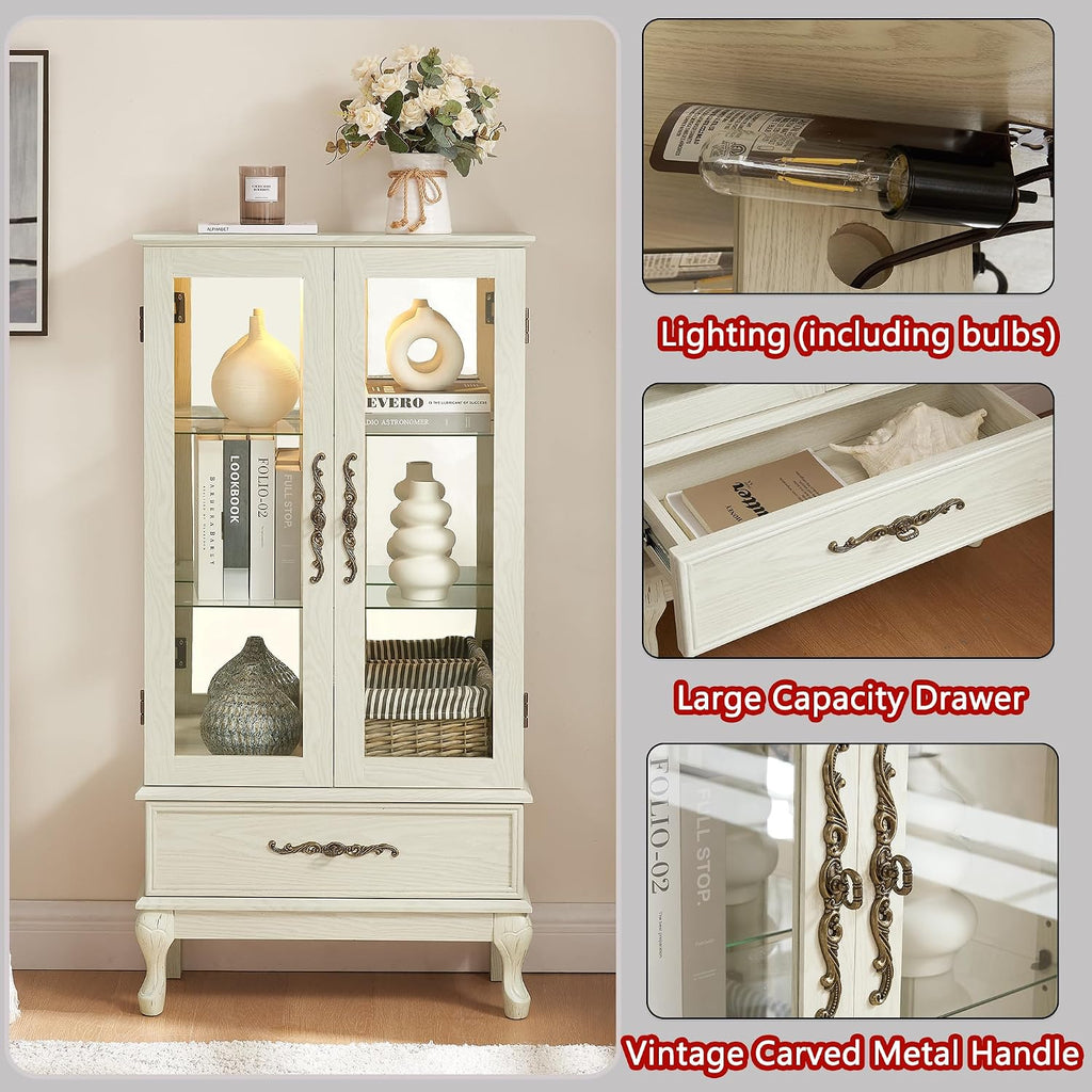 Antique White Lighted Glass Display Cabinet