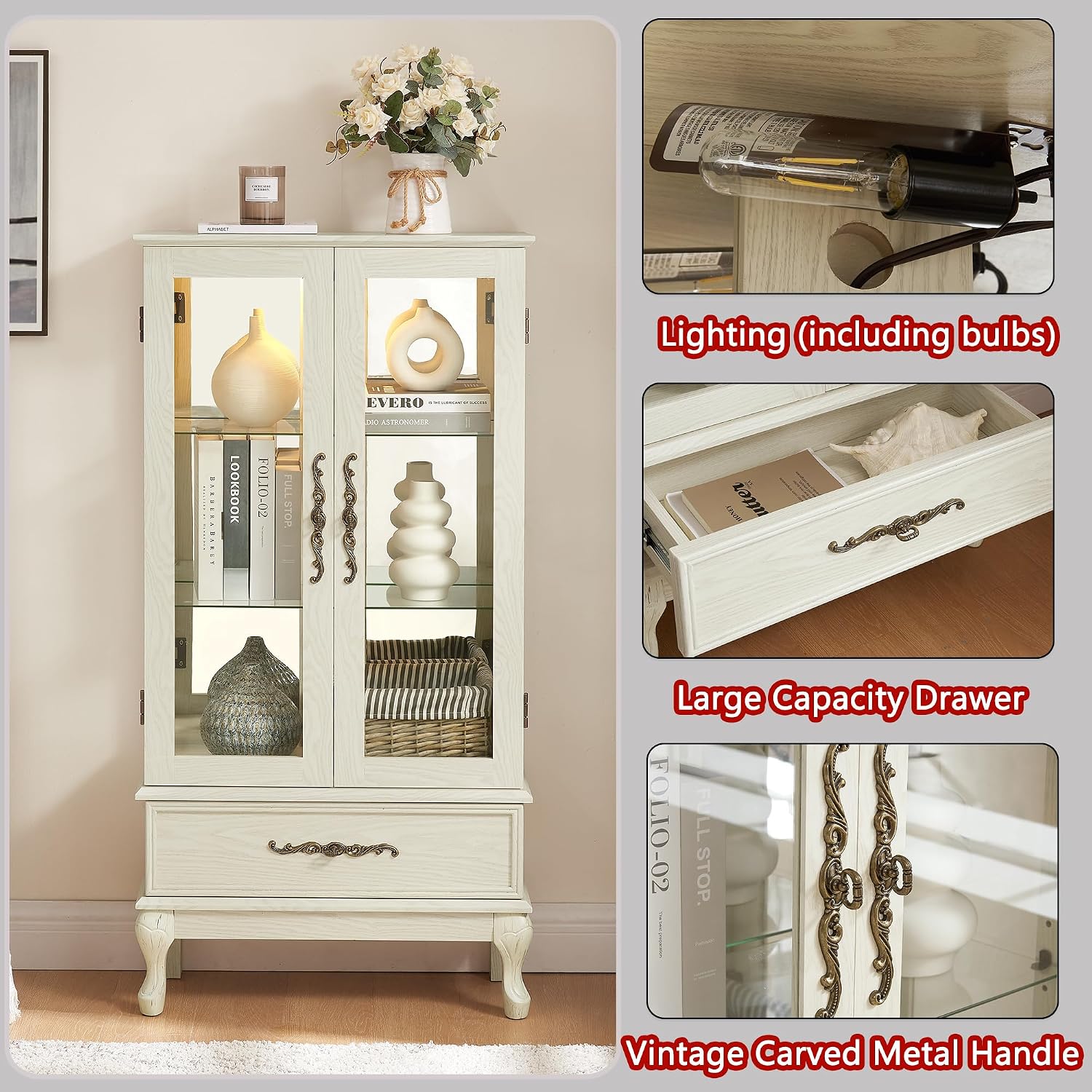 Antique White Lighted Glass Display Cabinet