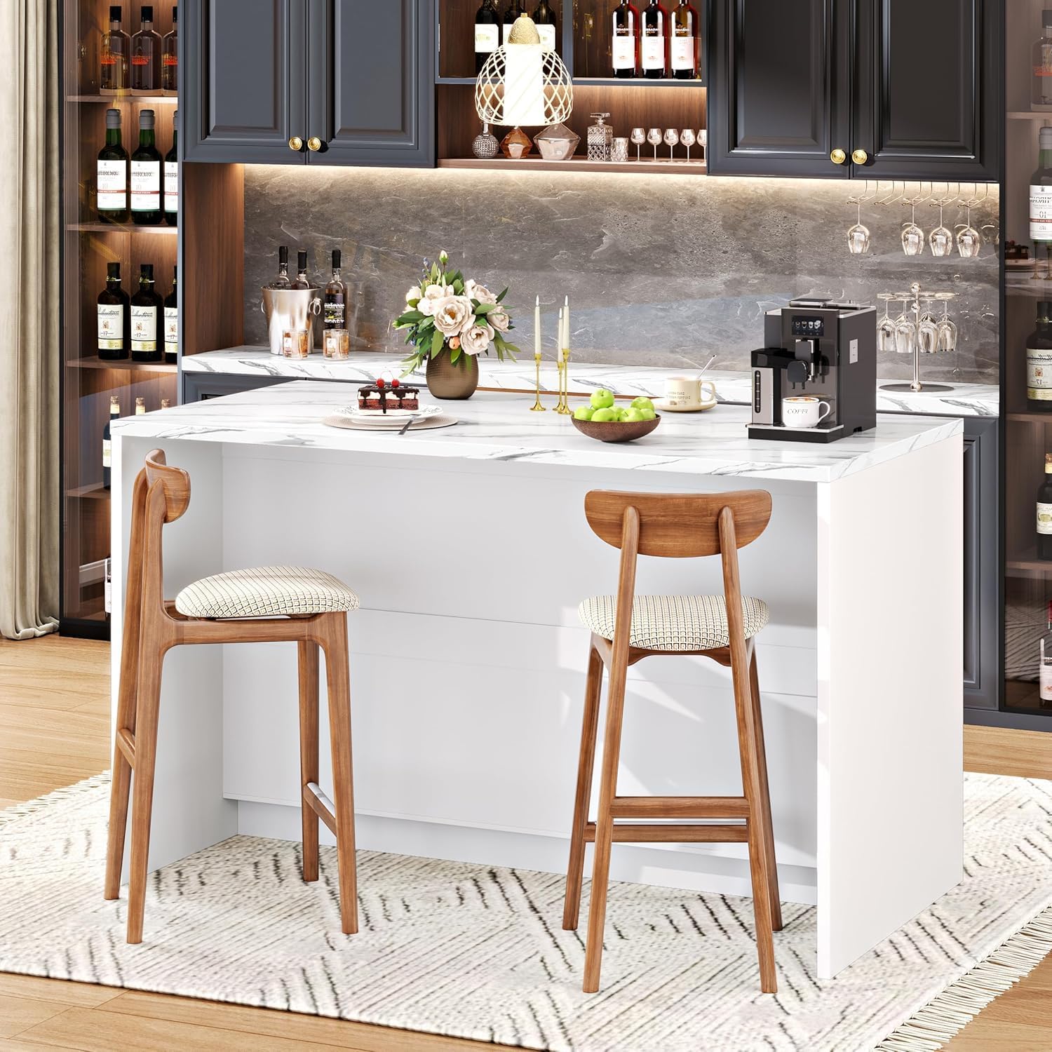White Faux Marble Storage Kitchen Island 47.2 Inch