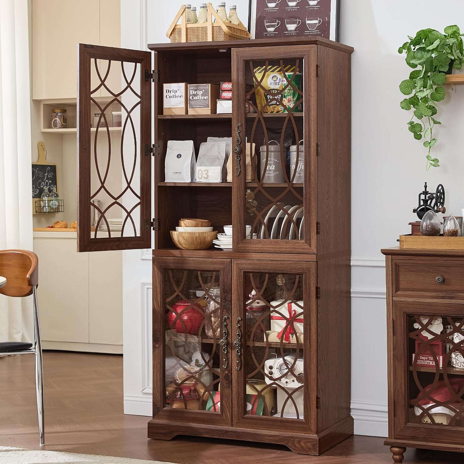 Brown Vintage Glass Door Pantry Cabinet 67"