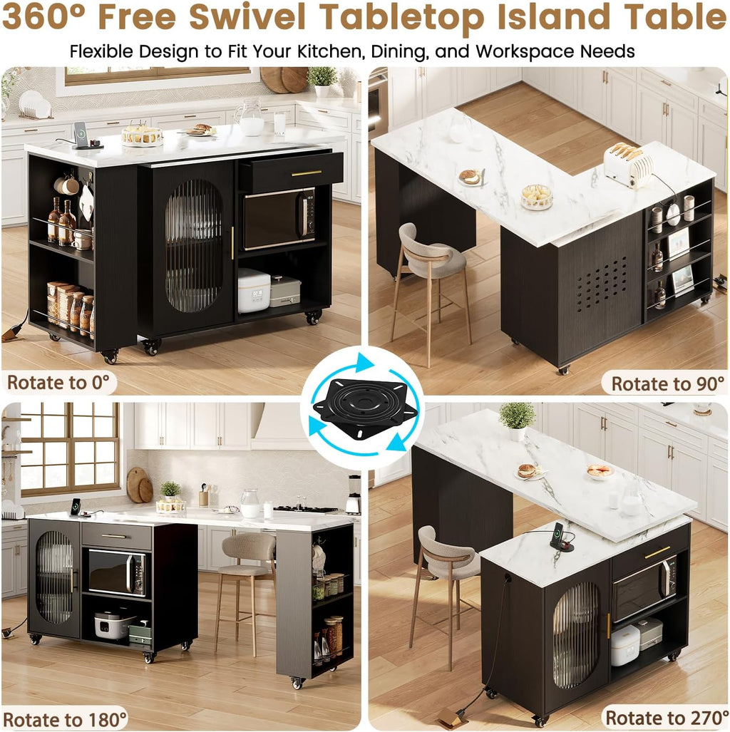 Marble Rolling Kitchen Island with Swivel Table