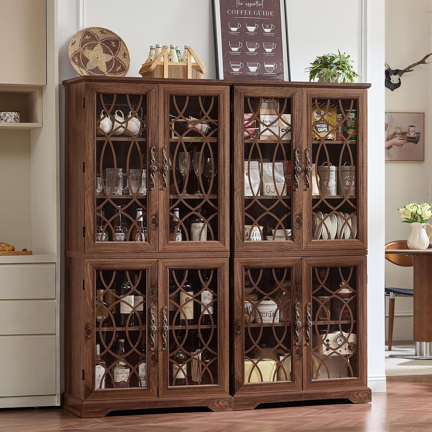 Brown Vintage Glass Door Pantry Cabinet 67"