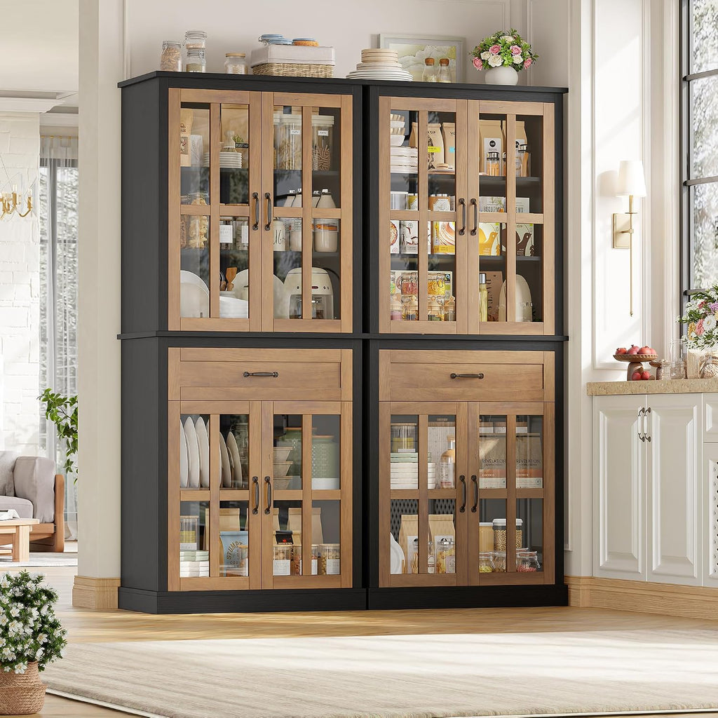 Natural Glass Door Tall Kitchen Pantry Cabinet