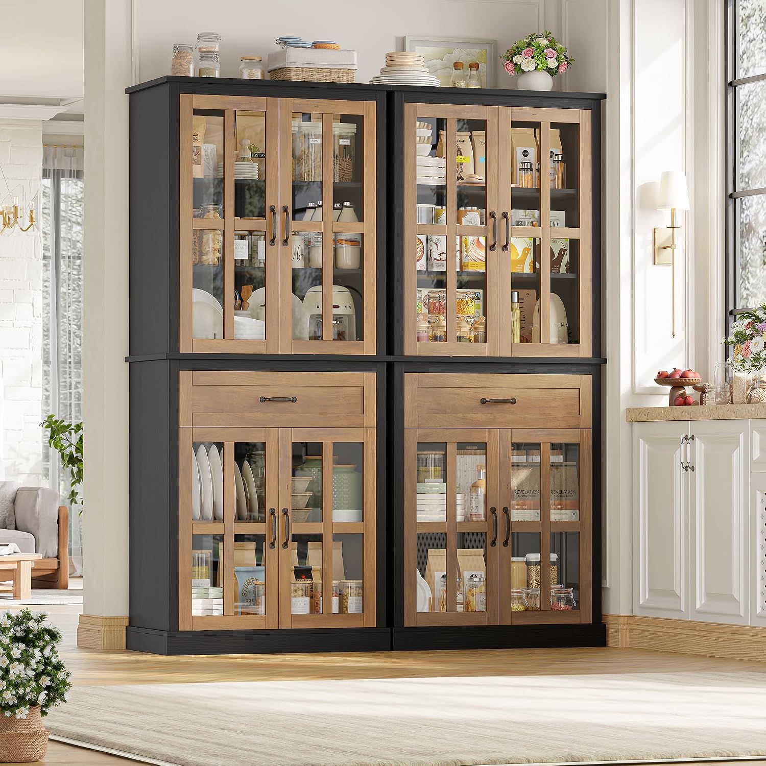 Natural Glass Door Tall Kitchen Pantry Cabinet