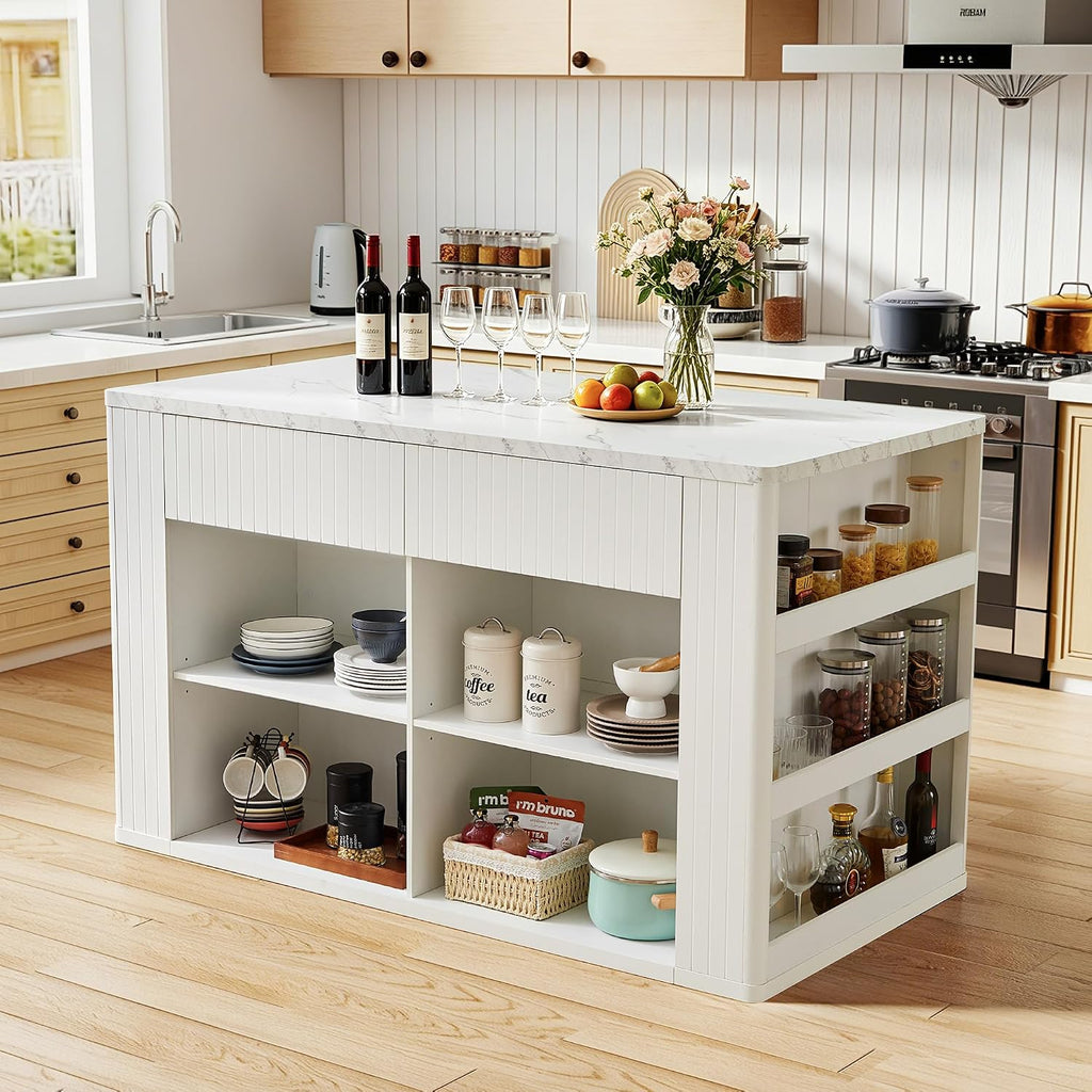 White Faux Marble Kitchen Island with Storage Seating 59 Inch