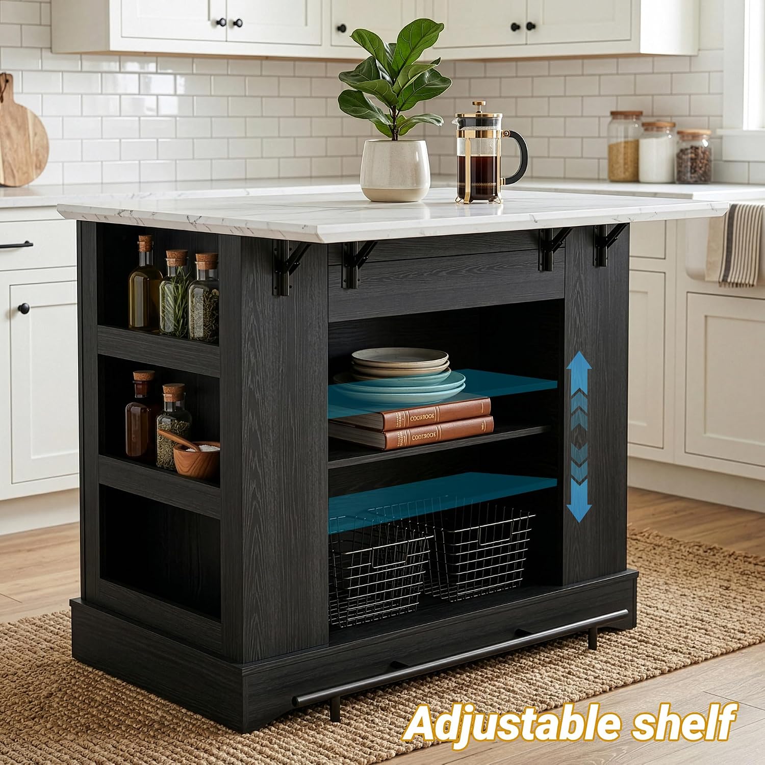 Black Kitchen Island with Folding Marble Top & Power Outlet