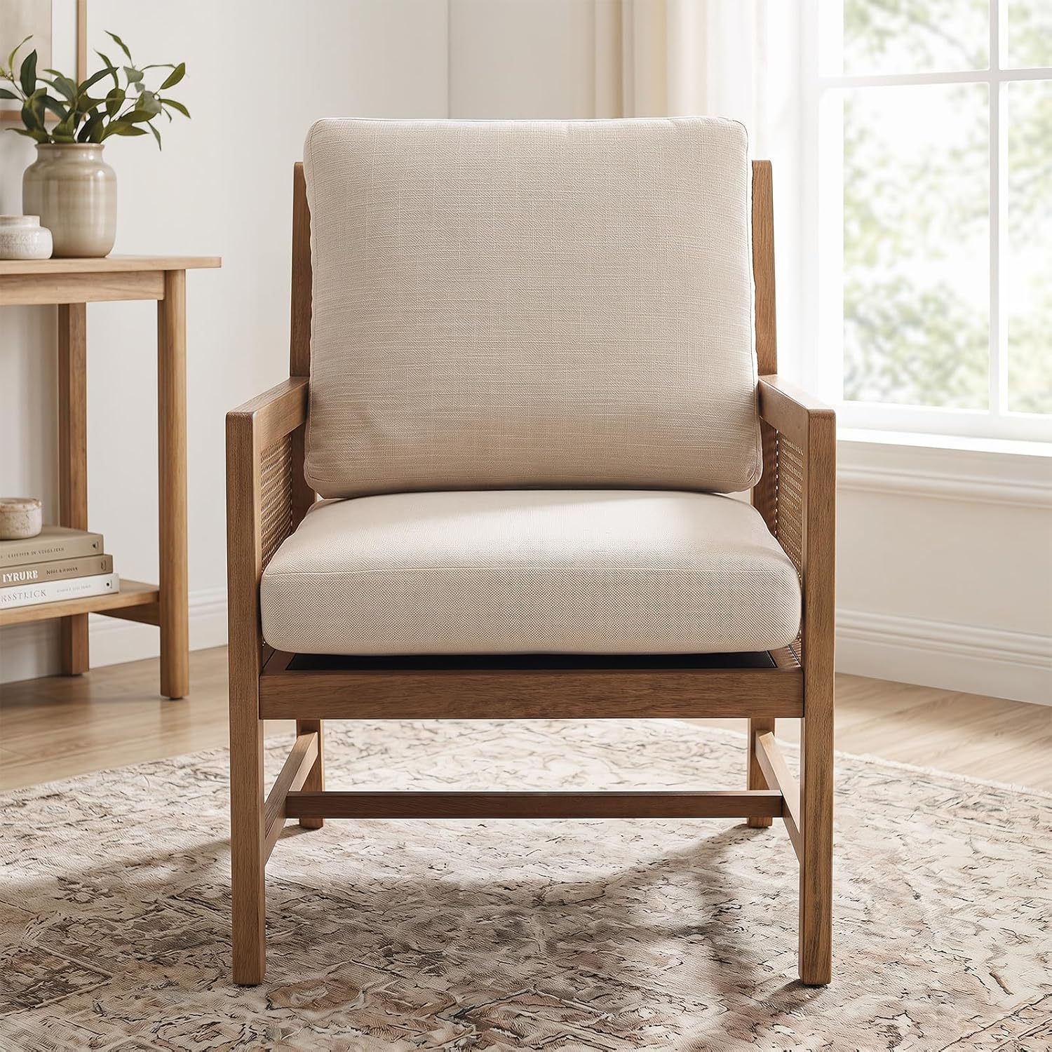 Beige Rattan Mid-Century Accent Chair