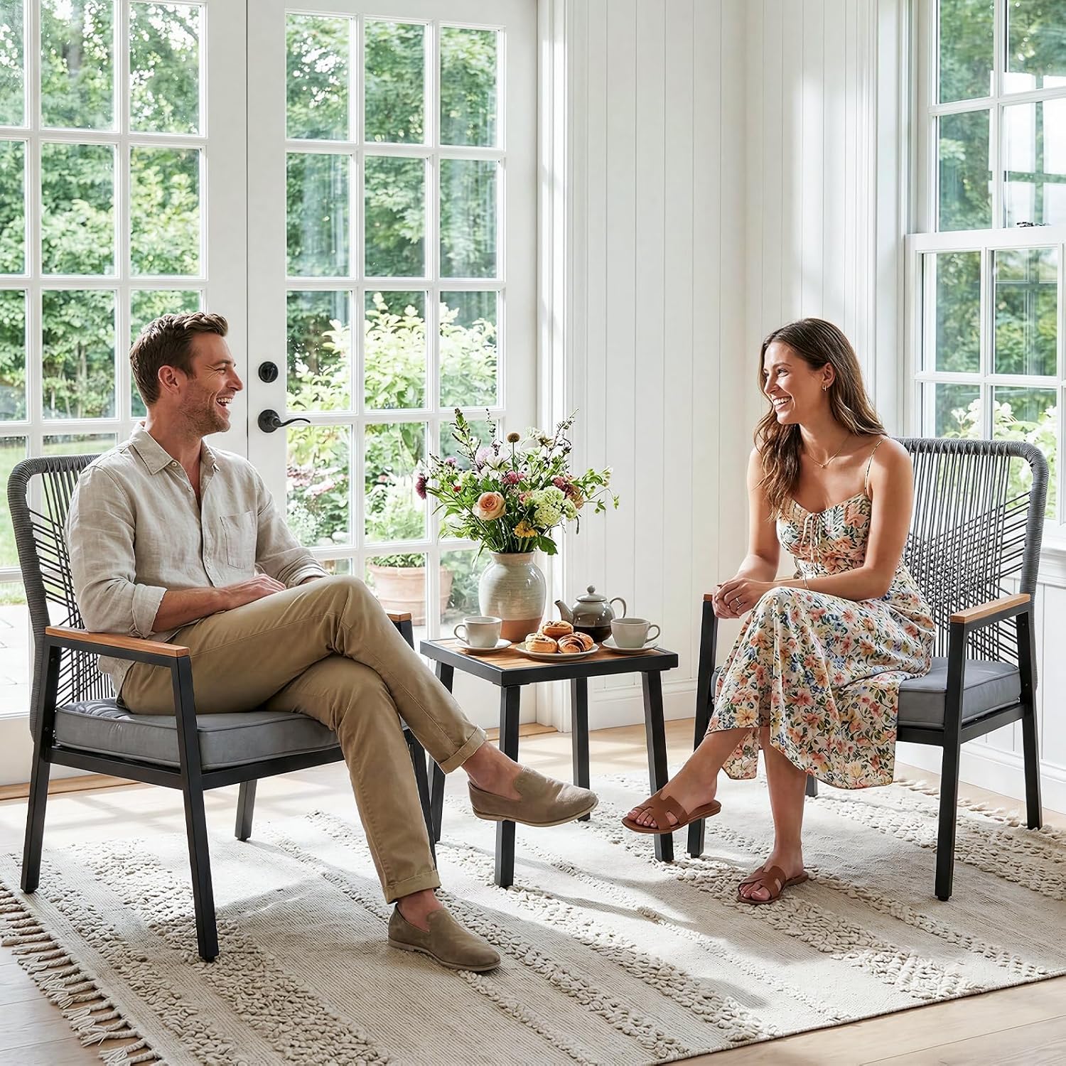 Grey Rattan Patio Armchairs Set of 2