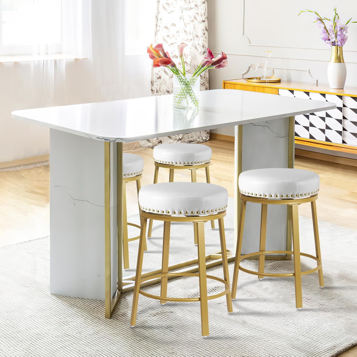 White Gold Faux Leather Swivel Counter Stools Set of 2