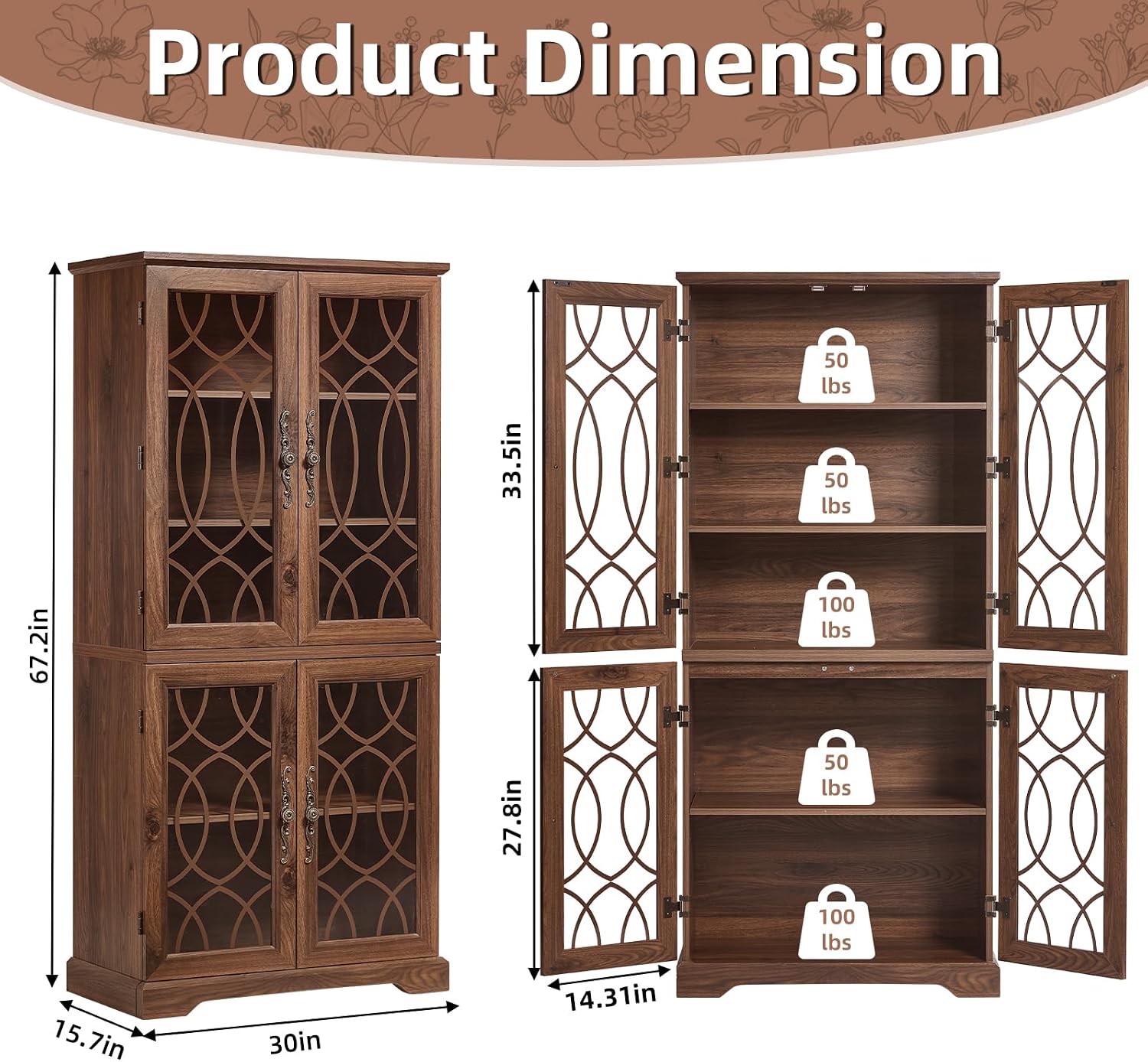 Brown Vintage Glass Door Pantry Cabinet 67"
