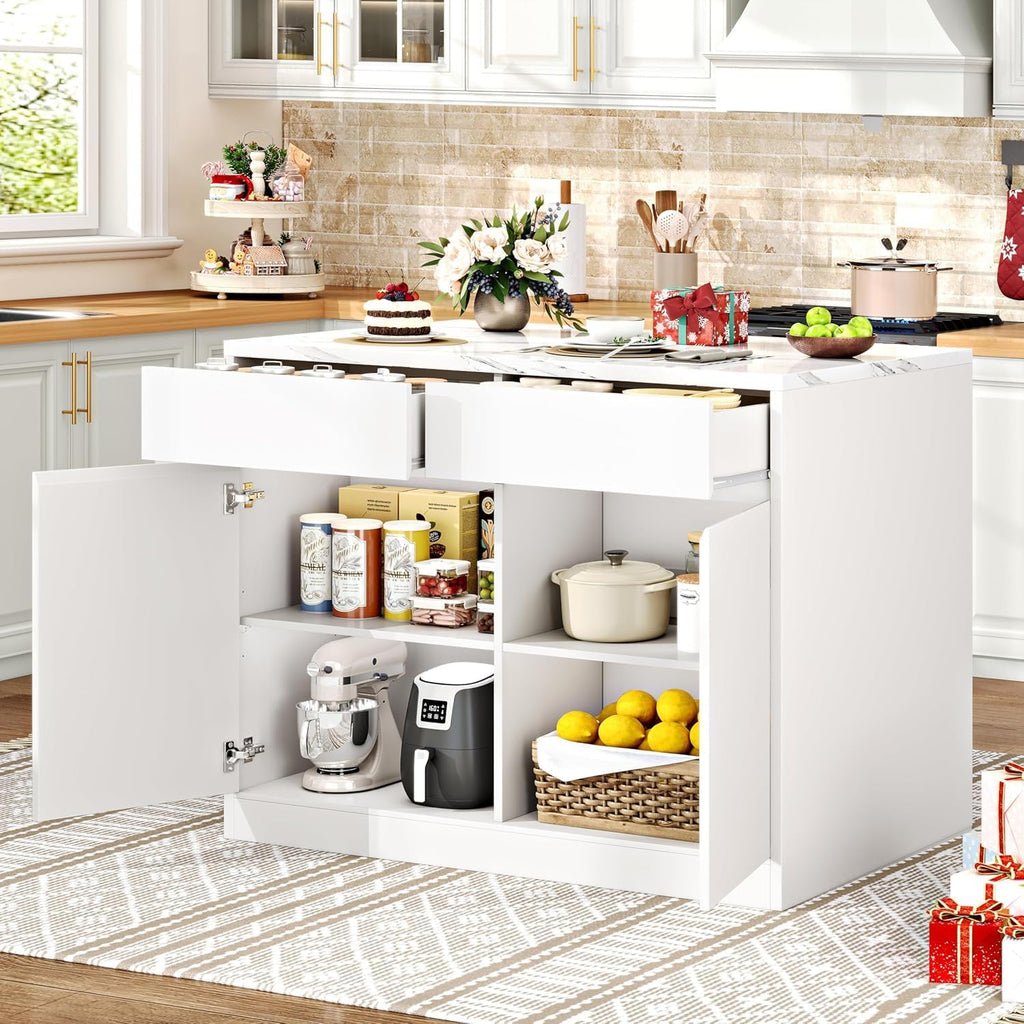 White Faux Marble Storage Kitchen Island 47.2 Inch