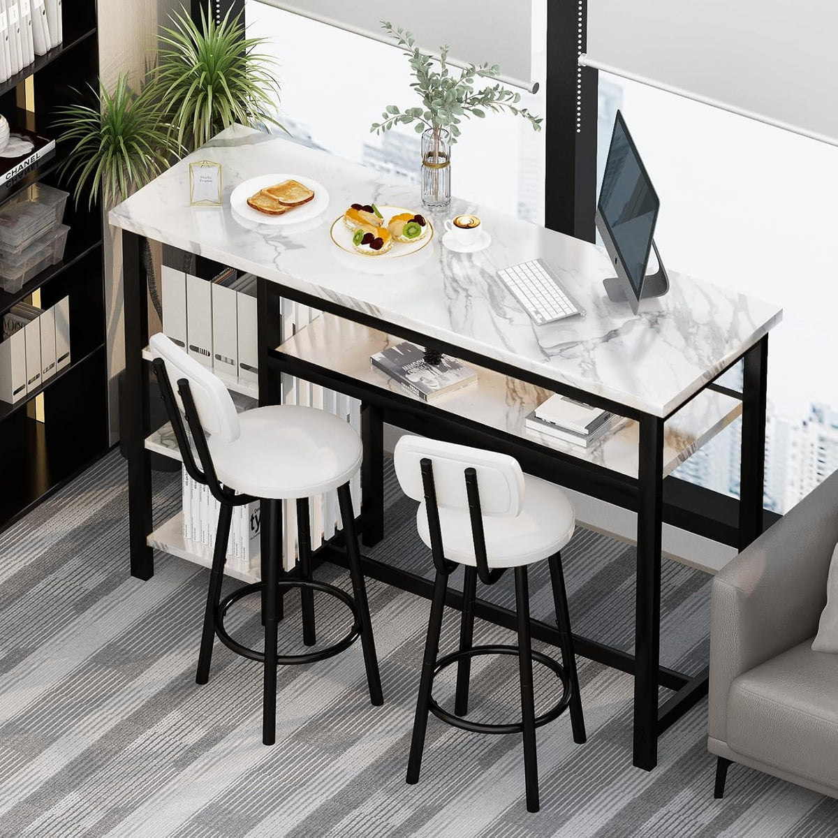 White Faux Marble Bar Table Set with 2 Stools Black Frame