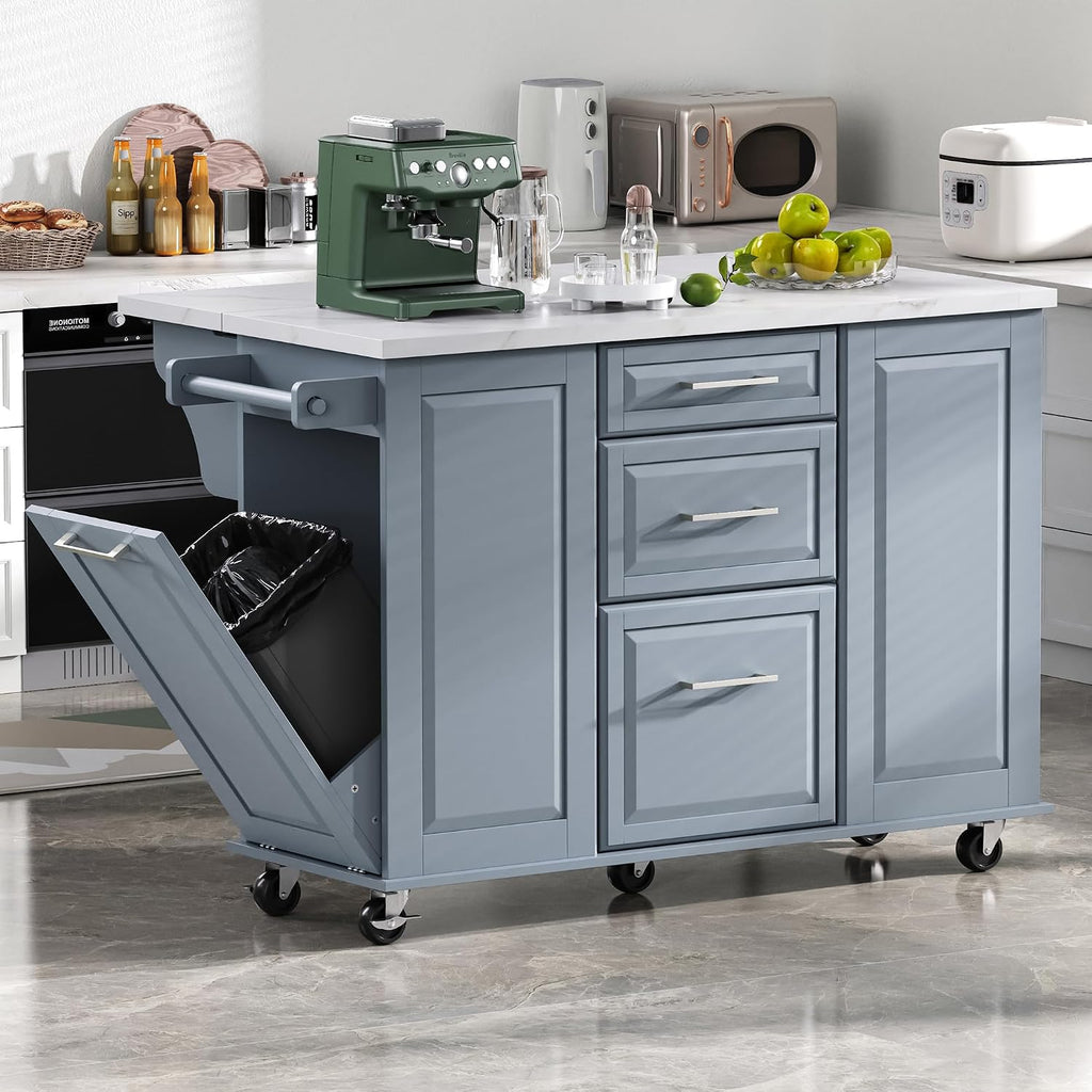 Marble Top Rolling Kitchen Island with Drop Leaf Storage