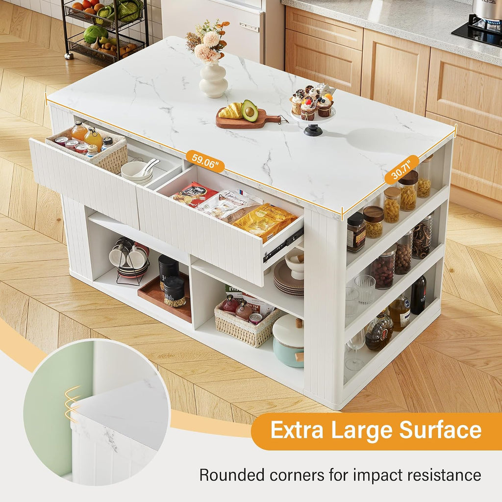 White Faux Marble Kitchen Island with Storage Seating 59 Inch