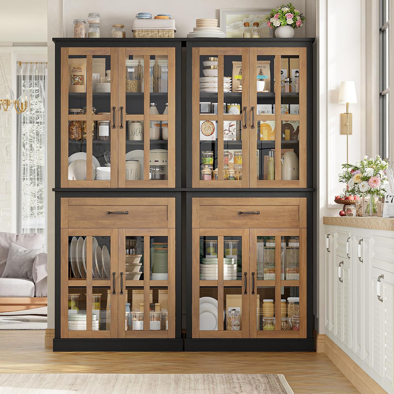 Natural Glass Door Tall Kitchen Pantry Cabinet