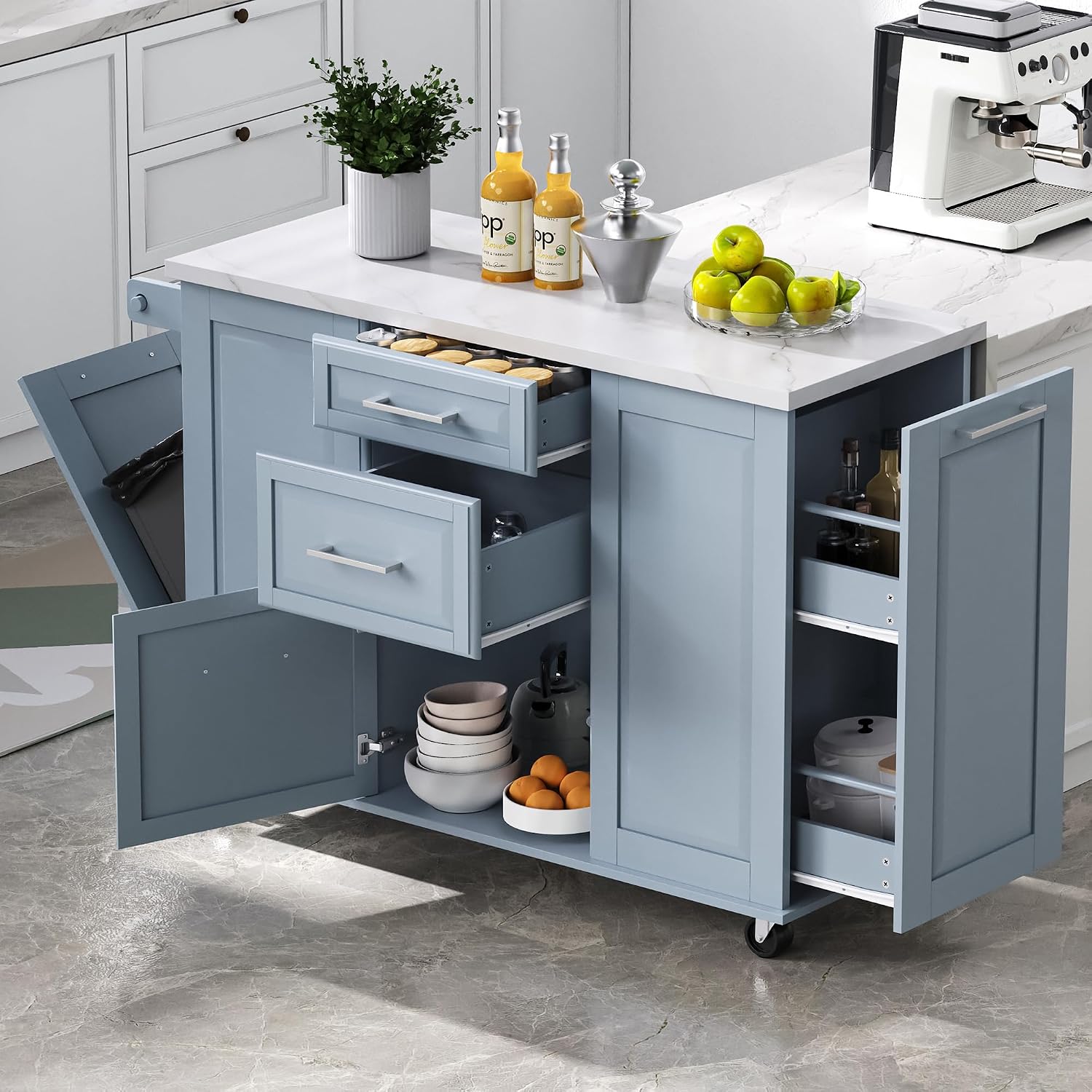 Marble Top Rolling Kitchen Island with Drop Leaf Storage
